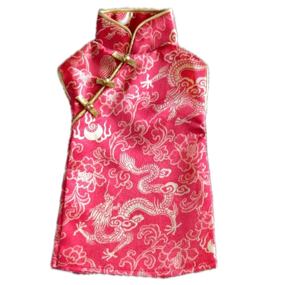 Asian doll dress brocade red with faux frog closure